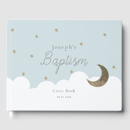 Libro De Visitas Crescent Moon & Stars Light Blue Boy Baptismo