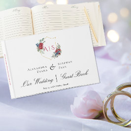 Libro De Visitas Crest Botánico Acuarela de Rosas Magenta Monograma