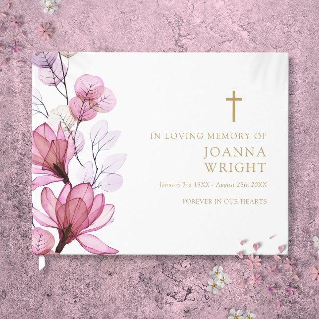 Libro De Visitas Cristiano floral rosado en funeral de memoria amor (Pink Floral Christian In Loving Memory Funeral Guest Book)
