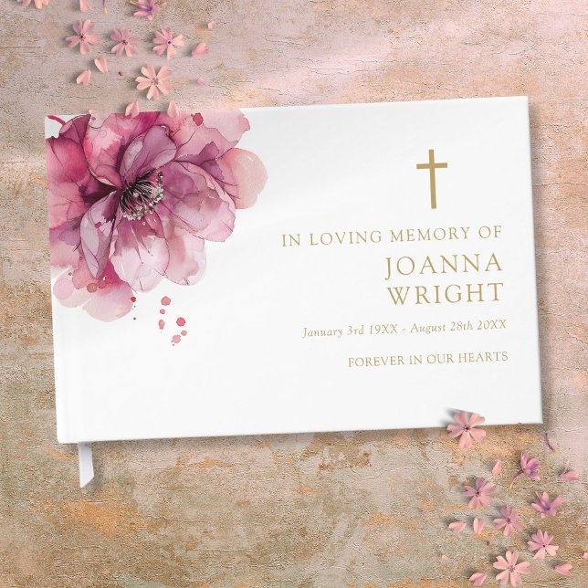 Libro De Visitas Cristiano floral rosado en funeral de memoria amor (Pink Floral Christian In Loving Memory Funeral Guest Book)