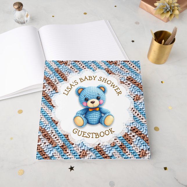 Libro De Visitas Crochet Teddy Bear | Boy's Baby Shower (Anverso Abierto)