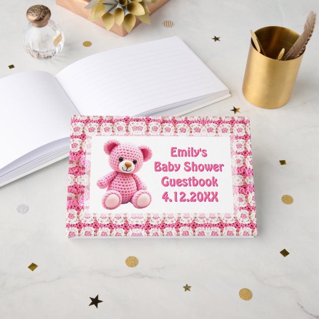 Libro De Visitas  Crocheted Teddy Bear Girl's Baby Shower (Anverso Abierto)