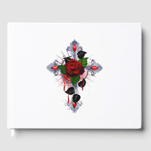 Libro De Visitas Cruz de Plata con una Rosa Roja