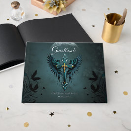 Libro De Visitas Cruz gótica con elementos decorativos y aves.