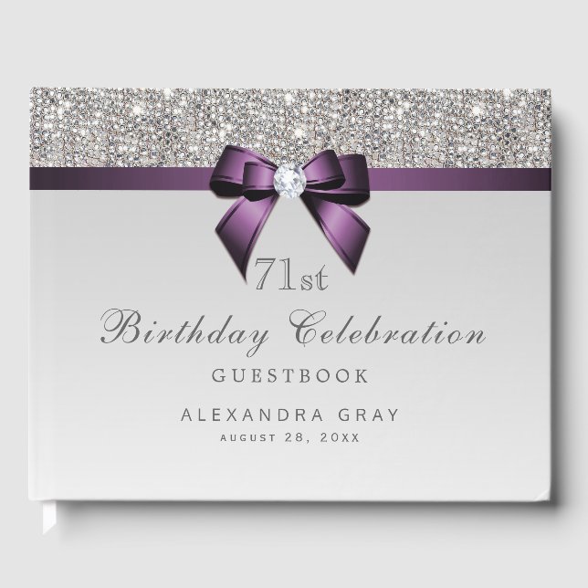 Libro De Visitas Cualquier Edad Cumpleaños Silver Faux Sequins Purp (Anverso)