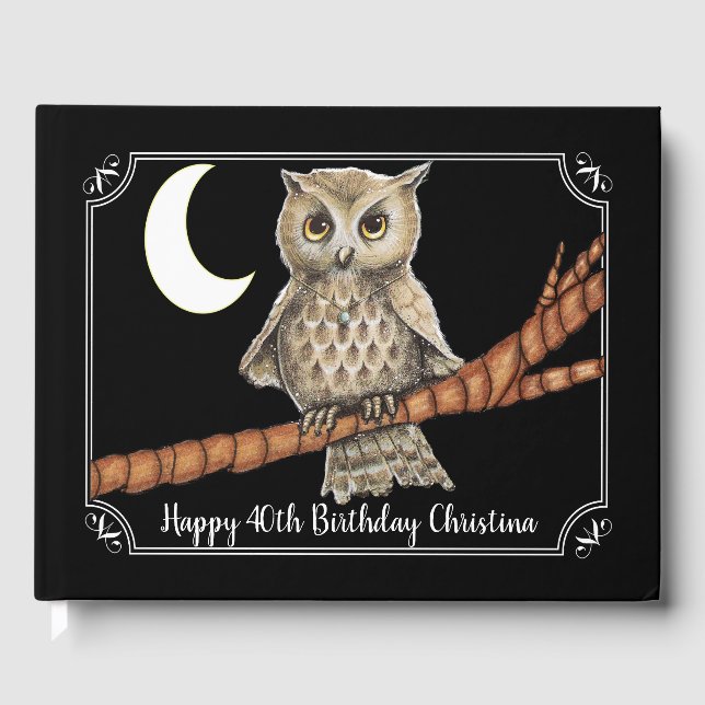 Libro De Visitas Cuello azul de búho marrón bonito Marco blanco (Anverso)