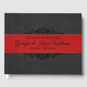 Libro De Visitas Cuero Negro y Rojo con Acento Floral Negro