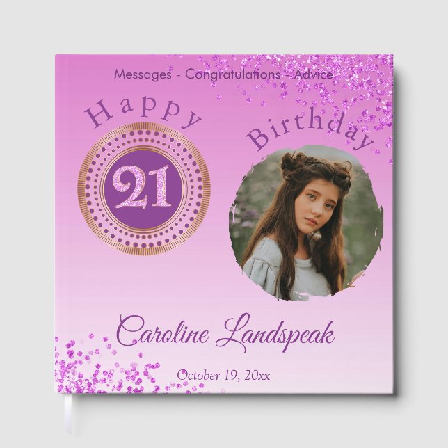 Libro De Visitas Cumpleaños 21 personalizado con foto y brillo rosa (Anverso)