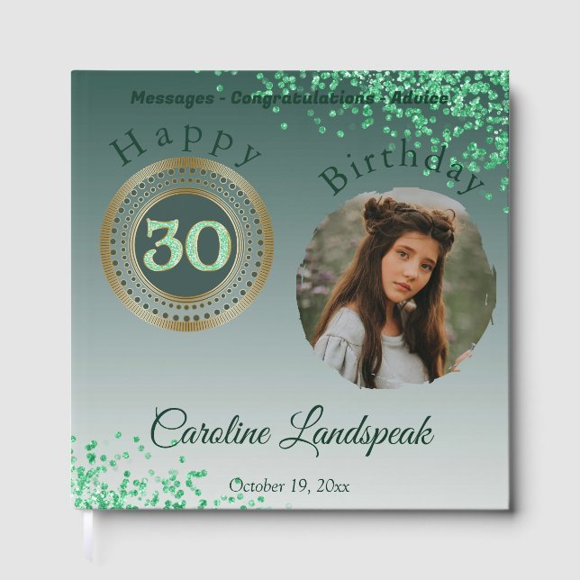 Libro De Visitas Cumpleaños 30 Personalizado con Foto y Brillo Verd (Anverso)