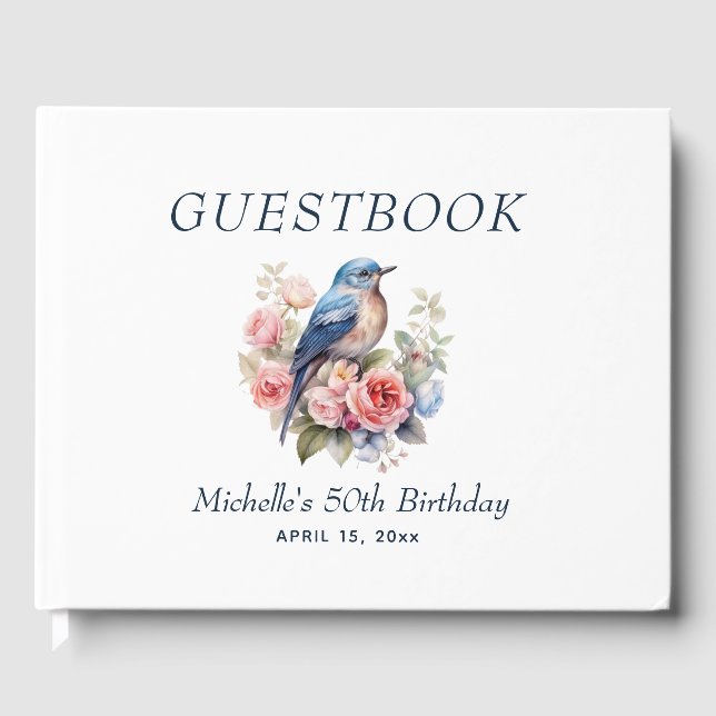 Libro De Visitas Cumpleaños 50 Blue Bird Pink Floral  (Anverso)