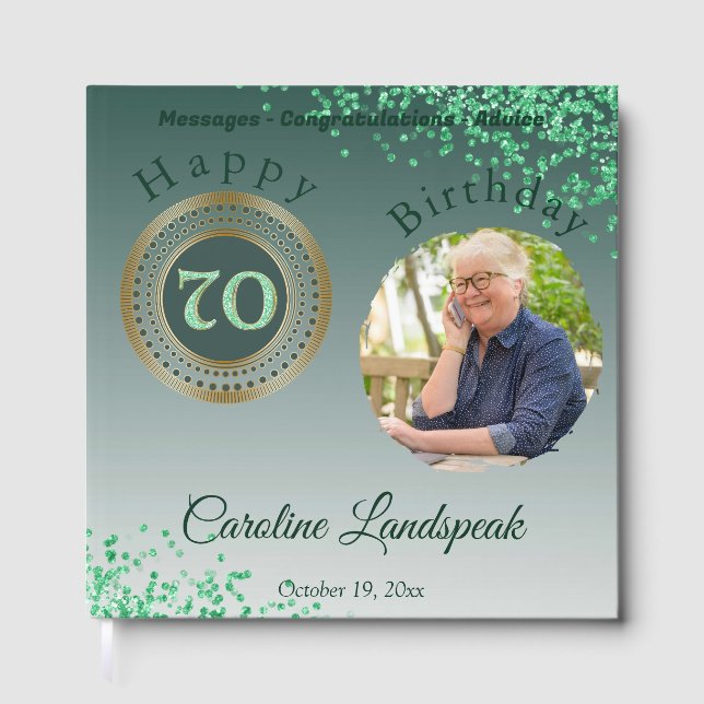 Libro De Visitas Cumpleaños 70 Personalizado con Foto y Brillo Verd (Anverso)