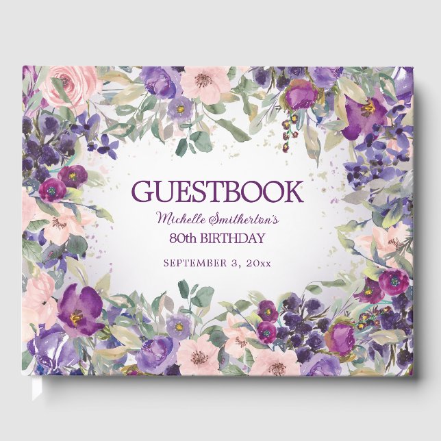 Libro De Visitas Cumpleaños 80 personalizado con flores rosadas y p (Anverso)