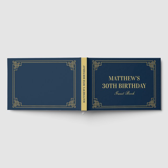 Libro De Visitas Cumpleaños Chic Navy y Gold Gatsby Art Deco Frame (Lleno)