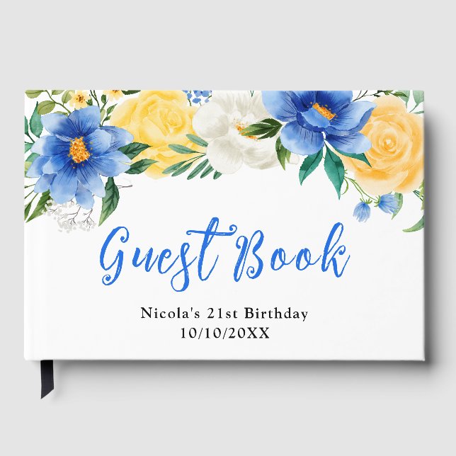 Libro De Visitas Cumpleaños de flores azules y amarillas con follaj (Anverso)