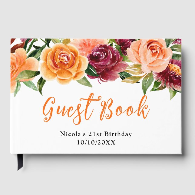 Libro De Visitas Cumpleaños de flores de otoño de Borgoña y naranja (Anverso)