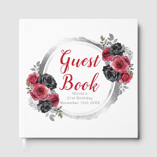 Libro De Visitas Cumpleaños de flores elegantes rojas y plateadas (Anverso)