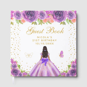 Libro De Visitas Cumpleaños de princesa de piel oscura con flores p