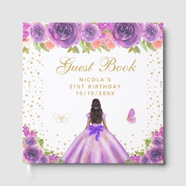 Libro De Visitas Cumpleaños de princesa de piel oscura con flores p (Anverso)