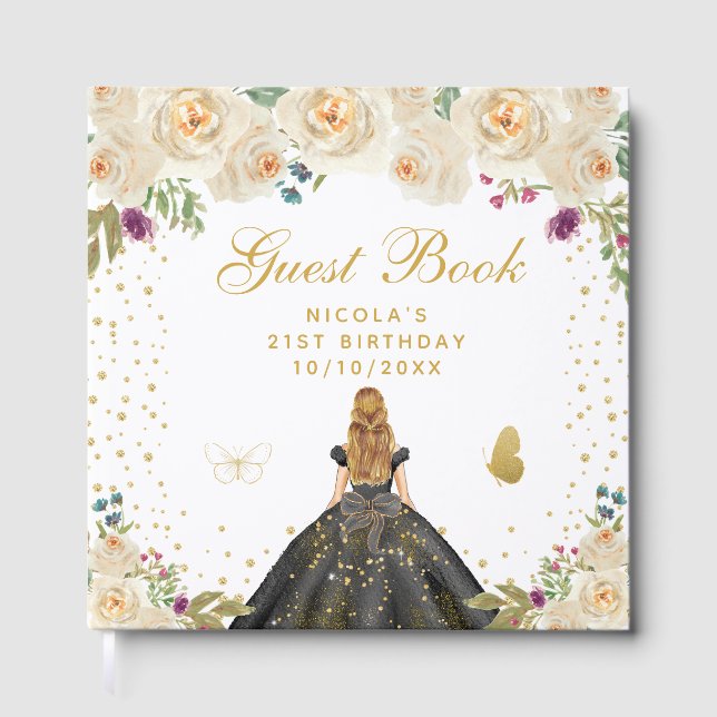 Libro De Visitas Cumpleaños Princesa Cabello Rubio Floral Crema (Anverso)