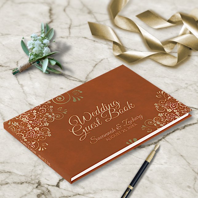 Libro De Visitas Curlos de oro en una boda elegante Naranja de óxid (Subido por el creador)