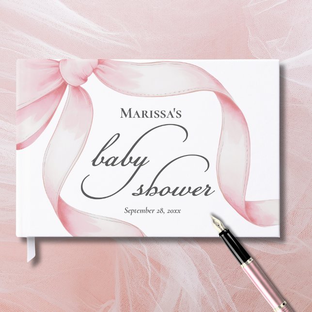 Libro De Visitas Custom Pink Bow Baby Shower (sweet girly coquette pink bow baby girl shower guest book with script calligraphy, custom name date)