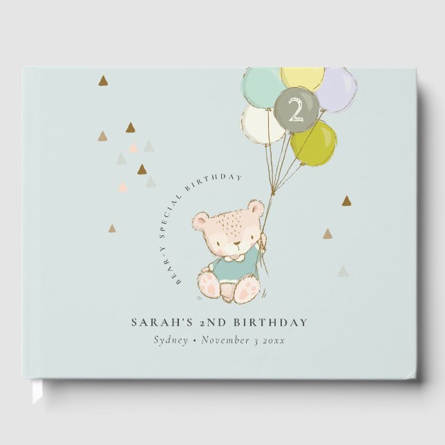 Libro De Visitas Cute Aqua Blue Bear Balloon Cualquier Cumpleaños D (Anverso)