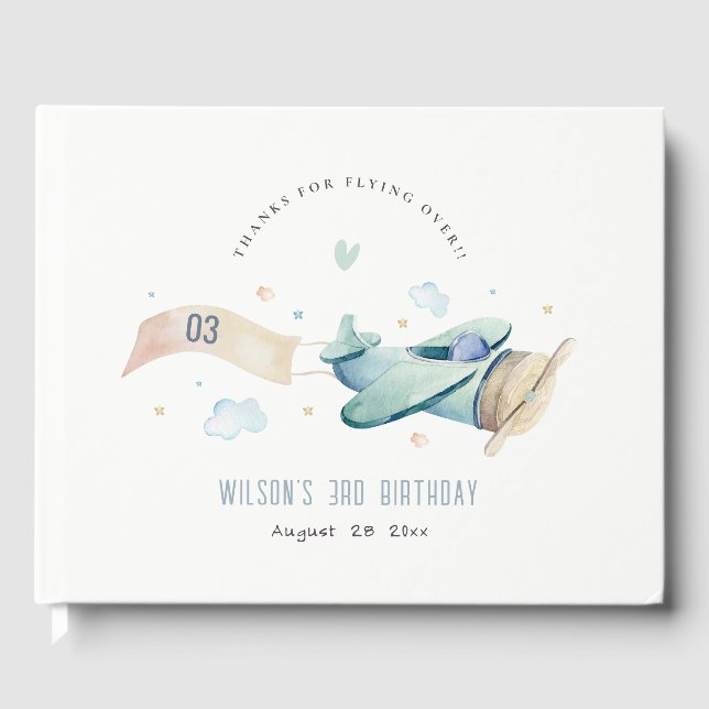 Libro De Visitas Cute Aqua Green Blue Plane Cloud Heart Cumpleaños (Anverso)