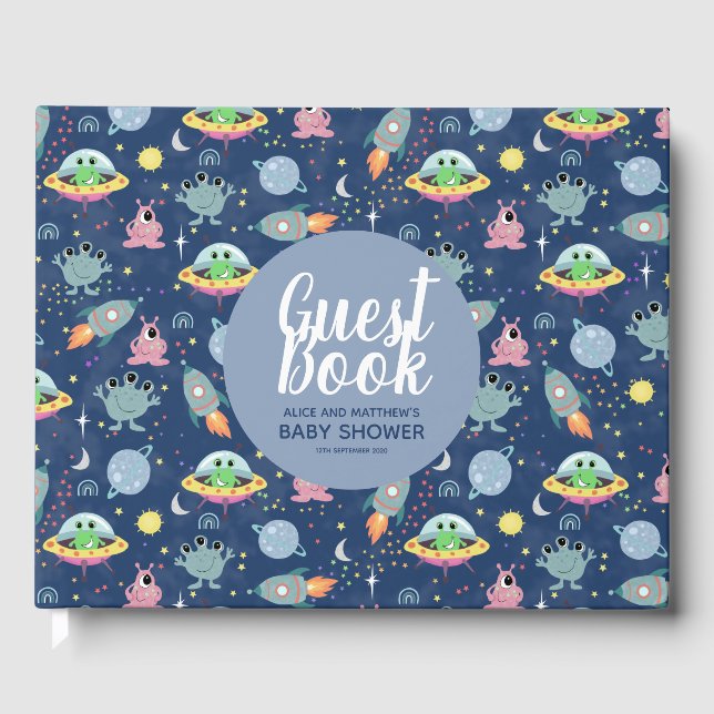 Libro De Visitas Cute Boys Space Pattern Baby Shower Guest Book (Anverso)