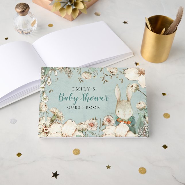 Libro De Visitas Cute Bunny Foliage Power Blue Baby Shower (Anverso Abierto)