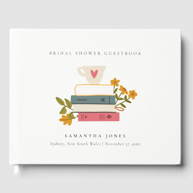 Libro De Visitas Cute Dusky apilados cuentos florales Bridal Shower (Anverso)