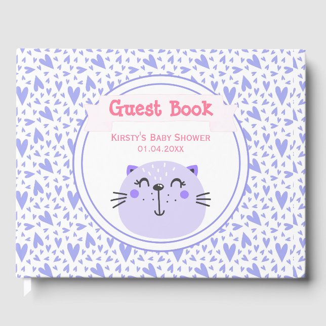 Libro De Visitas Cute Gato Púrpura | Lilac Hearts Baby Shower (Anverso)