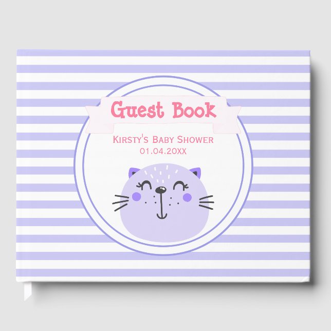Libro De Visitas Cute Gato Púrpura | Lilac Striped Baby Shower (Anverso)