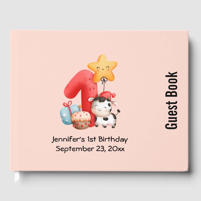 Libro De Visitas Cute Happy Cow 1º cumpleaños (Anverso)
