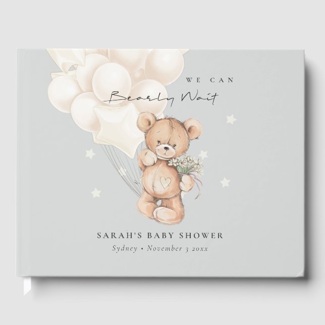 Libro De Visitas Cute Ivory Bearly Wait Bear Balloon Baby Shower (Anverso)