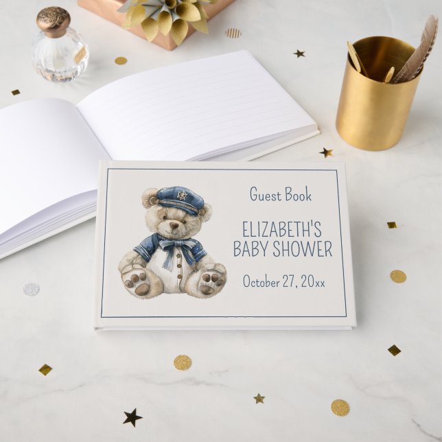 Libro De Visitas Cute Nautical Blue Baby Bear Baby Shower (Anverso Abierto)
