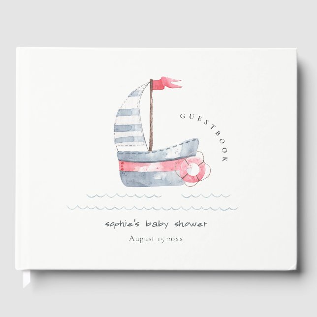 Libro De Visitas Cute Nautical Pastel Red Blue Sailboat Baby Shower (Anverso)
