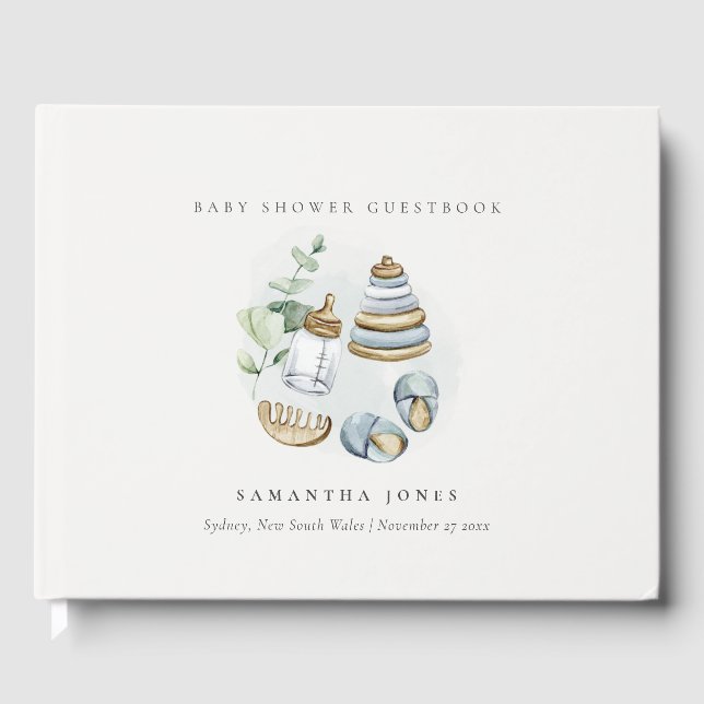 Libro De Visitas Cute Nursery Essential Leafy Blue Boy Baby Shower (Anverso)