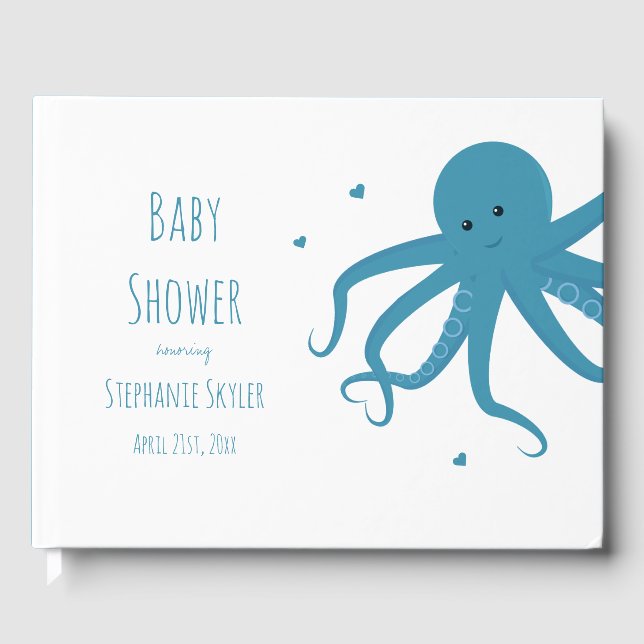 Libro De Visitas Cute Octopus Personalizado Heart Blue Baby Shower (Anverso)