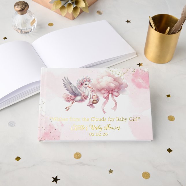 Libro De Visitas Cute Pink Stork with cloud Baby Girl Shower  (Subido por el creador)