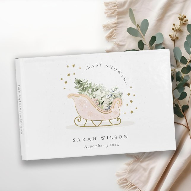 Libro De Visitas Cute Rubor Pink Gold Winter Sleigh Baby Shower (Subido por el creador)