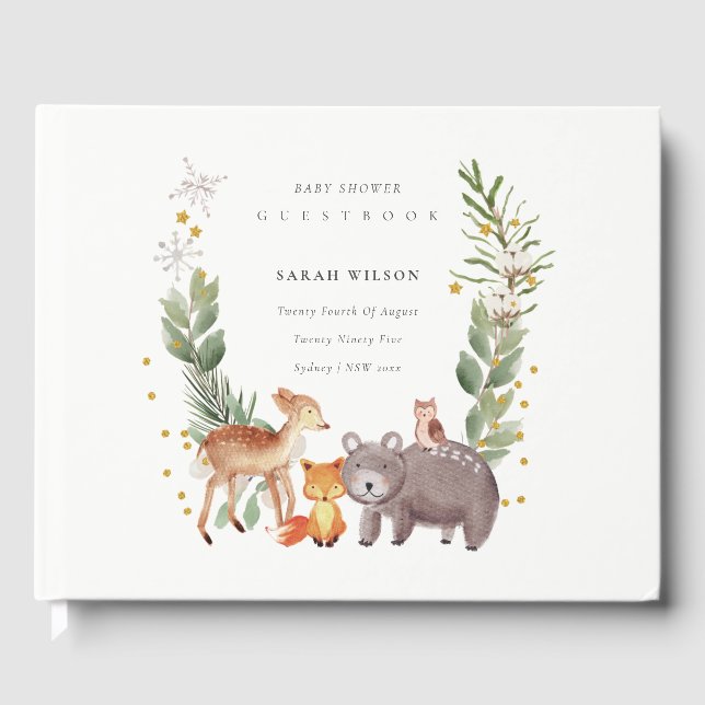 Libro De Visitas Cute Woodland Animal Leafy Wreath Baby Shower (Anverso)