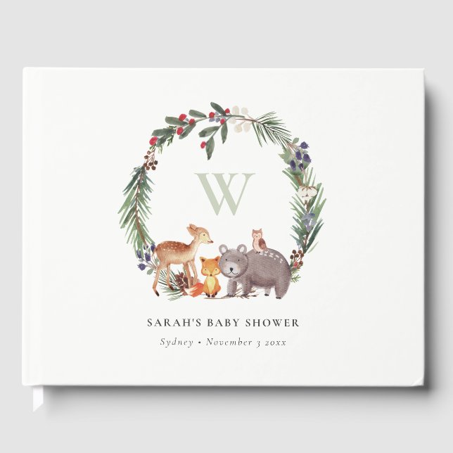 Libro De Visitas Cute Woodland Animal Leafy Wreath Baby Shower (Anverso)