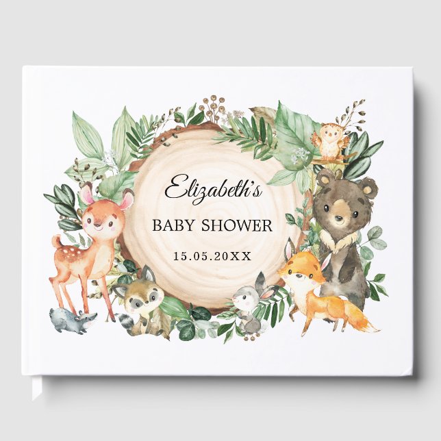 Libro De Visitas Cute Woodland Animals Rustic Greenery Baby Shower (Anverso)