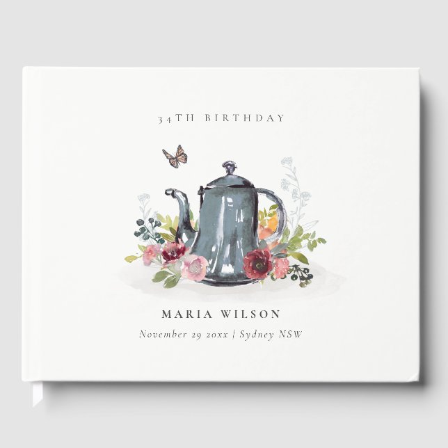 Libro De Visitas Cute y alegre Rosa Floral Tetera a cualquier edad  (Anverso)