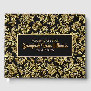 Libro De Visitas Damascos florales de color negro y brillante dorad
