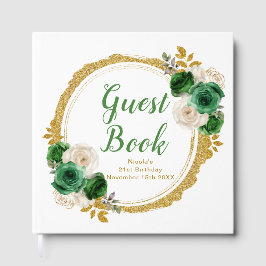 Libro De Visitas Dark Green and Gold Elegant Flowers Birthday Party