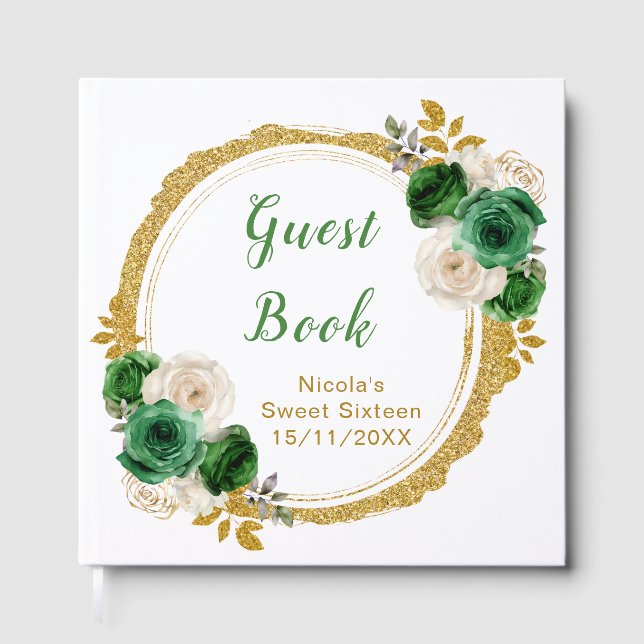 Libro De Visitas Dark Green and Gold Elegant Flowers Sweet Sixteen (Anverso)