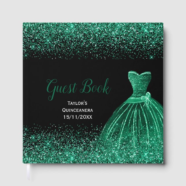 Libro De Visitas Dark Green Dress Faux Glitter Quinceanera (Anverso)