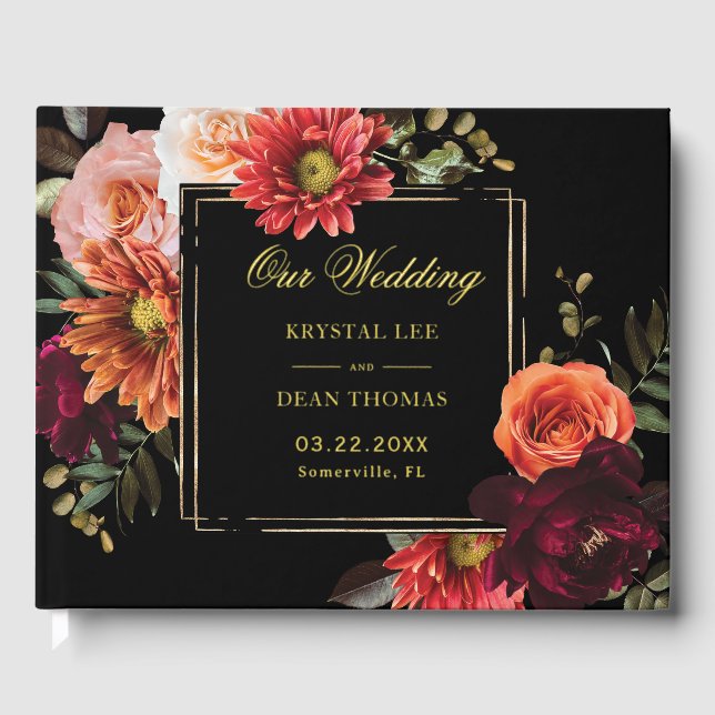 Libro De Visitas Dark Moody Burgundy Rust Orange Floral Wedding (Anverso)