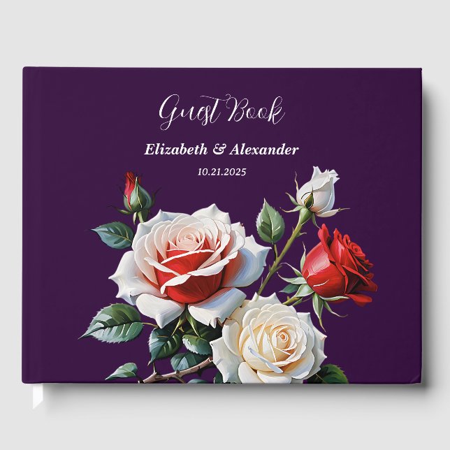Libro De Visitas Dark Pretty pink white red roses floral wedding  (Anverso)